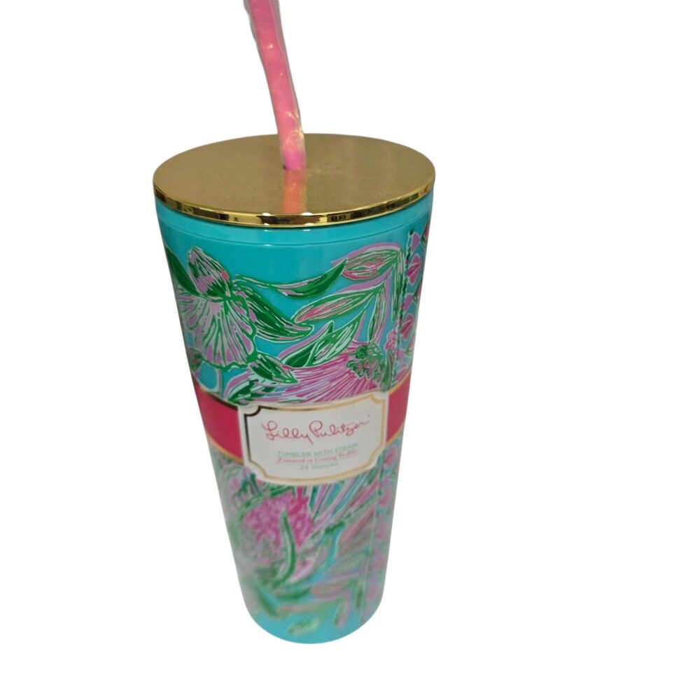 Lilly Pulitzer Coming In Hot 24oz Tumbler With Straw Pink Blue Floral Cup